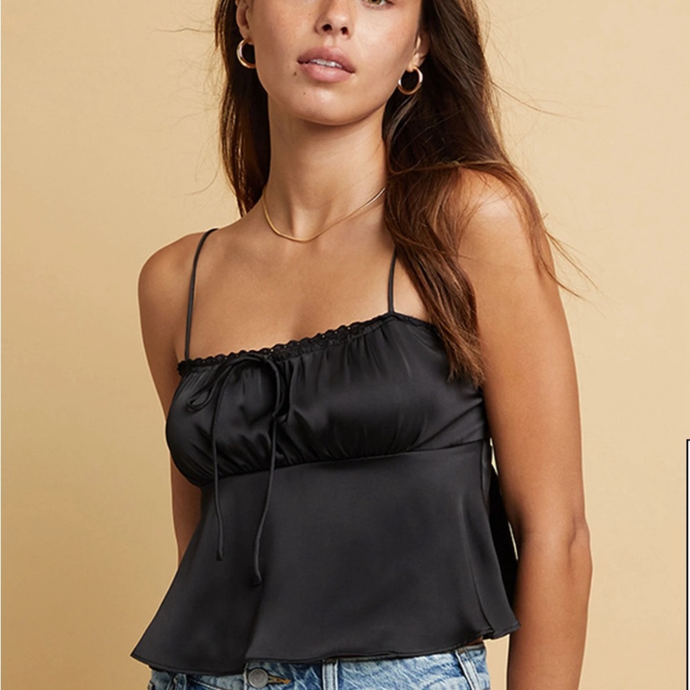NEW NEVER WORN PacSun XS Black Silk Ruffled Flowy Top With Adjustable Straps!!